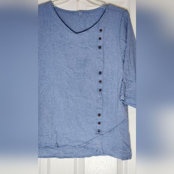 Unbranded XL Stone Blue LINEN Blend  3/4 Sleeve Lagenlook Women's Top Blouse - Picture 4 of 7